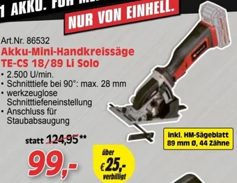 Zgonc Einhell Akku-Mini-Handkreissäge TE-CS 18/89 Li Solo Angebot