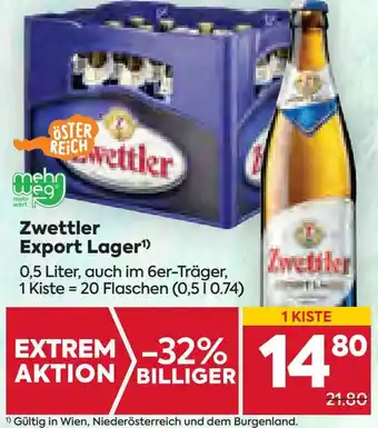 Billa Zwettler Export Lager¹) 0,5 Liter, auch im 6er-Träger Angebot