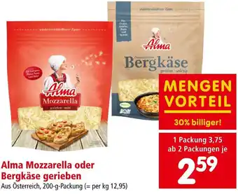 Interspar Alma Mozzarella oder Bergkäse gerieben 200 Alma Bergkäse Angebot