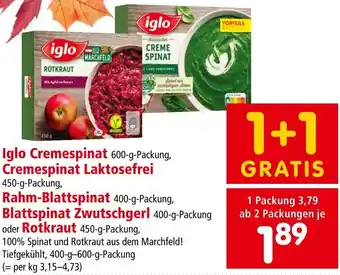 Interspar Iglo Cremespinat 600g, Cremespinat Laktosefrei 450g, Rahm-Blattspinat 400g, Blattspinat Zwutschgerl 400g oder Rotkraut 450g Angebot