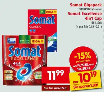 Interspar Somat Gigapack 100/90/70 Tabs oder Somat Excellence 4in1 Cap 56 Stück Angebot