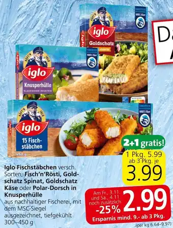 Spar Iglo Fischstäbchen versch. Sorten, Fisch'n'Rösti, Gold-schatz Spinat, Goldschatz Käse oder Polar-Dorsch in Knusperhülle Angebot