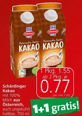 Spar Schärdinger Kakao mit 100% Milch aus Österreich, auch ungekühlt haltbar, 750 ml Angebot