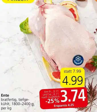 Spar Ente bratfertig, tiefge-kühlt, 1800-2400 g, per kg Angebot
