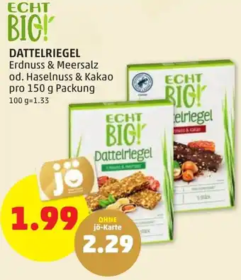 PENNY DATTELRIEGEL Erdnuss & Meersalz od. Haselnuss & Kakao pro 150 g Packung Angebot
