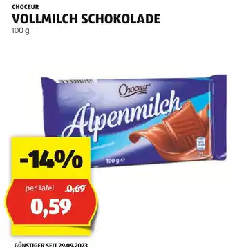 Hofer CHOCEUR VOLLMILCH SCHOKOLADE 100 g Angebot