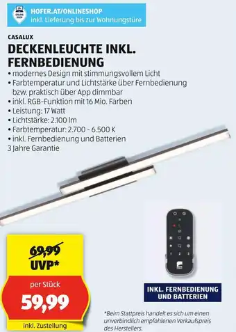Hofer CASALUX DECKENLEUCHTE INKL. FERNBEDIENUNG Angebot