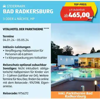 Hofer STEIERMARK BAD RADKERSBURG 3 ODER 4 NÄCHTE, HP Angebot