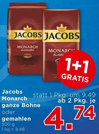 Unimarkt Jacobs Monarch ganze Bohne oder gemahlen 500 g Angebot