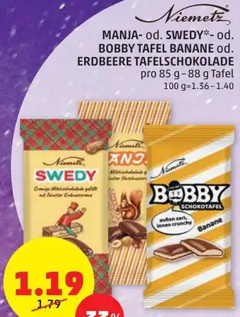 PENNY MANJA- od. SWEDY- od. BOBBY TAFEL BANANE od. ERDBEERE TAFELSCHOKOLADE Angebot