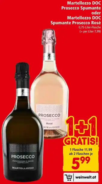 Interspar Martellozzo DOC Prosecco Spumante oder Martellozzo DOC Spumante Prosecco Rosé 0,75-Liter-Flasche Angebot