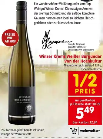 Interspar Winzer Krems Weißer Burgunder von der Hochkultur 0,75-Liter-Flasche Angebot