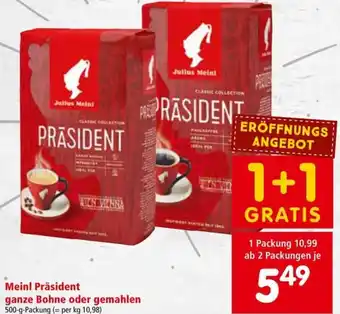 Interspar Meinl Präsident ganze Bohne oder gemahlen 500-g-Packung Angebot