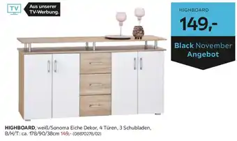 Möbelix HIGHBOARD, weiß/Sonoma Eiche Dekor, 4 Türen, 3 Schubladen, B/H/T: ca. 178/90/38cm Angebot