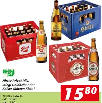 Strasser Markt Hirter Privat Pils, Stiegl Goldbräu oder Kaiser Märzen Kiste 20 x 0,5 l Angebot