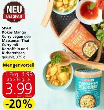 Spar SPAR Kokos Mango Curry vegan oder Massaman Thai Curry mit Kartoffeln und Kichererbsen, gekühlt, 375 g Angebot