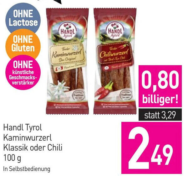 Sutterlüty Handl Tyrol Kaminwurzerl Klassik oder Chili 100 g Angebot