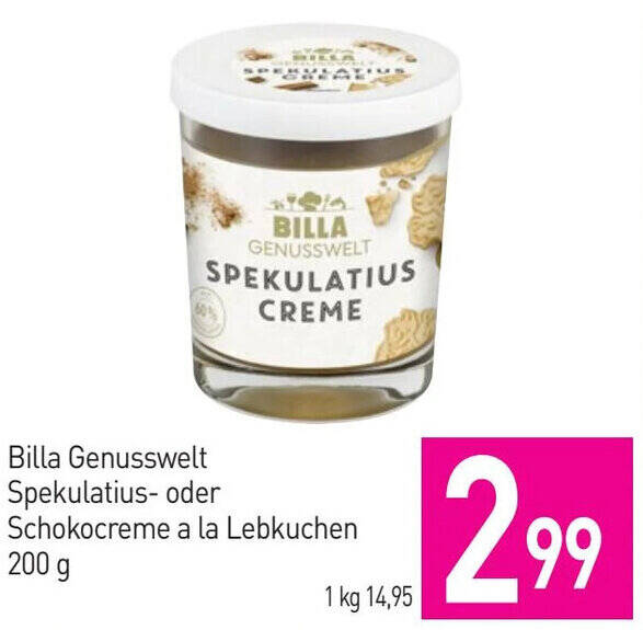 Sutterlüty Billa Genusswelt Spekulatius- oder Schokocreme a la Lebkuchen 200 g Angebot