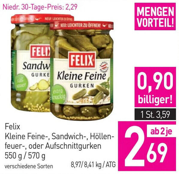 Sutterlüty Felix Kleine Feine-, Sandwich-, Höllen-feuer-, oder Aufschnittgurken 550 g/570 g Angebot