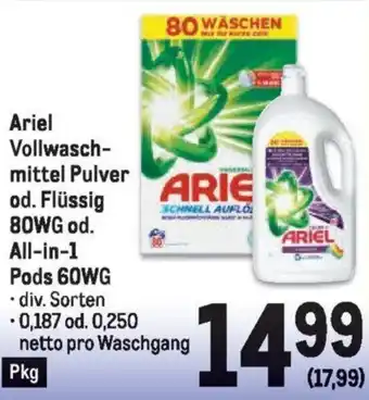 Metro Ariel Vollwasch-mittel Pulver od. Flüssig 80WG od. All-in-1 Pods 60WG Angebot