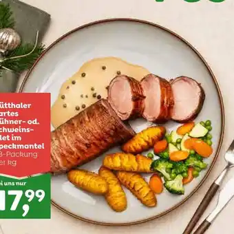 ADEG Hütthaler Zartes Hühner- od. Schweins-filet im Speckmantel per kg Angebot