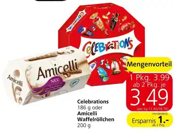 Spar Celebrations 186g oder Amicelli Waffelröllchen 200g 200 g Angebot