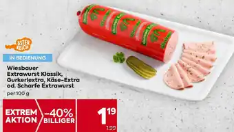 Billa Wiesbauer Extrawurst Klassik, Gurkerlextra, Käse-Extra od. Scharfe Extrawurst per 100 g Angebot