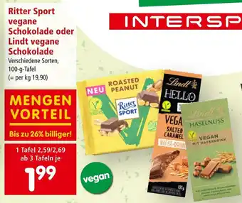 Interspar Ritter Sport vegane Schokolade oder Lindt vegane Schokolade 100g Angebot