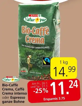 Spar Natur pur Bio-Caffè Crema, Caffè Crema intenso oder Espresso ganze Bohne 1kg Angebot