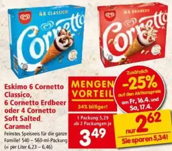 Interspar Eskimo 6 Cornetto Classico 6 Cornetto Erdbeer Oder 4 Cornetto Soft Salted Caramel 540-560 ml Angebot