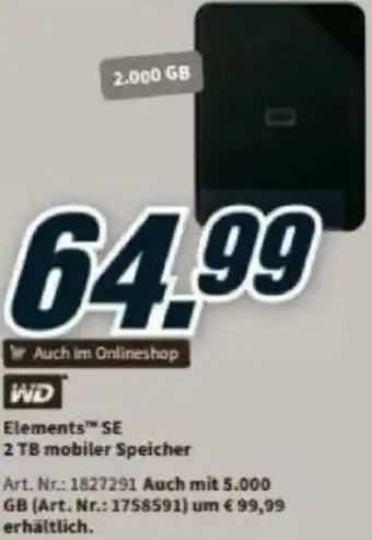Media Markt WD Elements 2 TB Mobiler Speicher Angebot