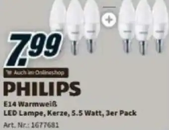 Media Markt Philips E14 Warmweiß LED Lampe, Kerze, 5.5 Watt, 3er Pack Angebot