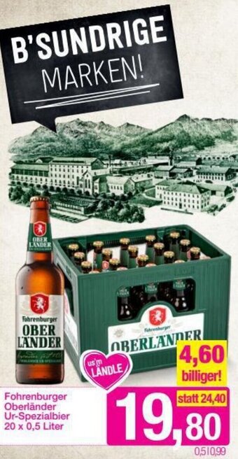 Sutterlüty Fohrenburger Oberländer Ur-Spezialbier 20 x 0,5 Liter Angebot