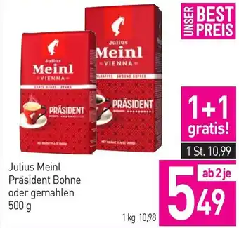 Sutterlüty Julius Meinl Präsident Bohne oder gemahlen 500 g Angebot