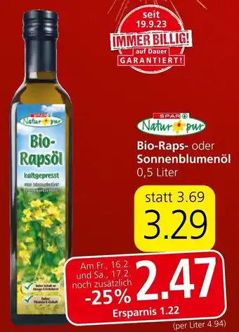 Spar Natur pur Bio-Raps- oder Sonnenblumenöl 0.5L Angebot