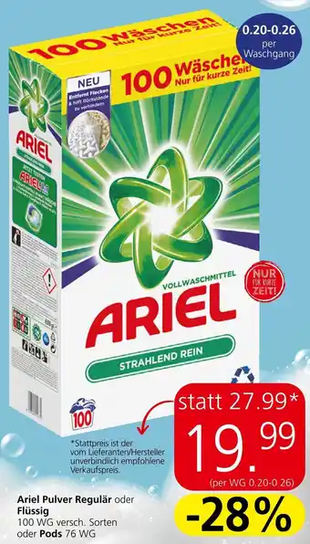 Spar Ariel Pulver Regulär oder Flüssig 100 WG versch. Sorten oder Pods 76 WG Angebot