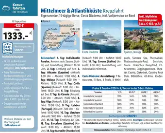 Lidl Reisen Mittelmeer & Atlantikküste Kreuzfahrt 15 Tage Angebot