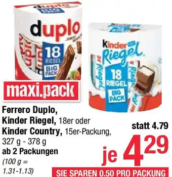 Maximarkt Ferrero Duplo, Kinder Riegel, 18er oder Kinder Country, 15er-Packung, 327 g - 378 g Angebot