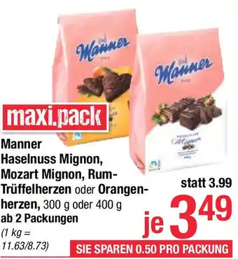 Maximarkt Manner Haselnuss Mignon, Mozart Mignon, Rum- Trüffelherzen oder Orangen-herzen, 300 g oder 400 g Angebot