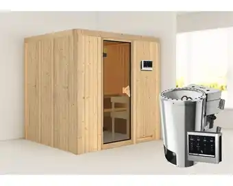 Hornbach Plug & Play Sauna Karibu Maria inkl. 3,6 kW Bio Ofen u.ext.Steuerung ohne Dachkranz mit bronzierter Ganzglastüre Angebot