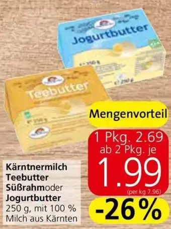 Spar Kärntnermilch Teebutter Süßrahmoder Jogurtbutter 250 g Angebot