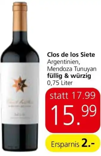 Spar Clos de los Siete Argentinien, Mendoza Tunuyan füllig & würzig 0,75 Liter Angebot