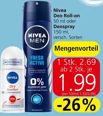 Spar Nivea Deo Roll-on 50 ml oder Deospray 150 ml Angebot