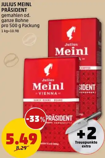 PENNY JULIUS MEINL PRÄSIDENT gemahlen od. ganze Bohne pro 500 g Packung Angebot