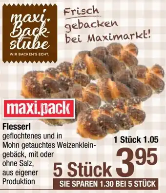 Maximarkt Flesserl geflochtenes und in Mohn getauchtes Weizenklin-geback, mit oder ohne Salz Angebot