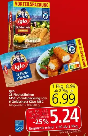 Spar Iglo 28 Fischstäbchen MSC Vorratspackung oder 6 Goldschatz Käse MSC tiefgekühlt, 600-840 g Angebot