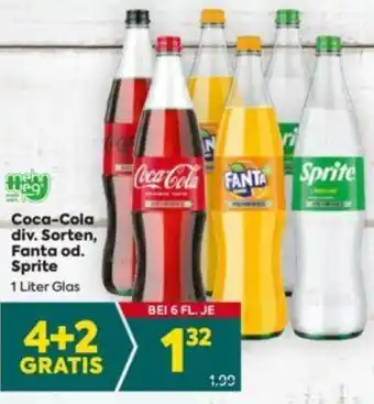 Billa Coca-Cola div. Sorten, Fanta od. Sprite 1 Liter Glas Angebot