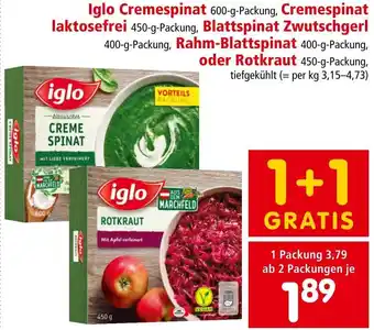 Interspar Iglo Cremespinat 600-g, Cremespinat laktosefrei 450-g, Blattspinat Zwutschgerl 400-g, Rahm-Blattspinat 400-g, oder Rotkraut Angebot