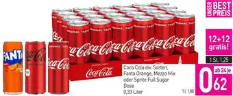 Sutterlüty Coca Cola div. Sorten, Fanta Orange, Mezzo Mix oder Sprite Full Sugar Dose 0,33 Liter Angebot