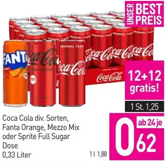 Sutterlüty Coca Cola div. Sorten, Fanta Orange, Mezzo Mix oder Sprite Full Sugar Dose 0,33 Liter Angebot